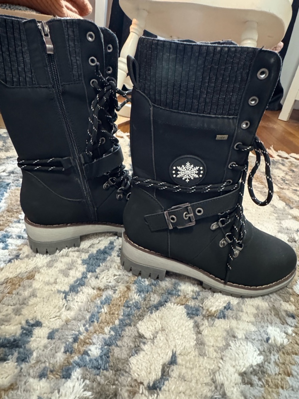 Women's Black Lace-Up Winter Boots with Knit Cuff and Snowflake Accent